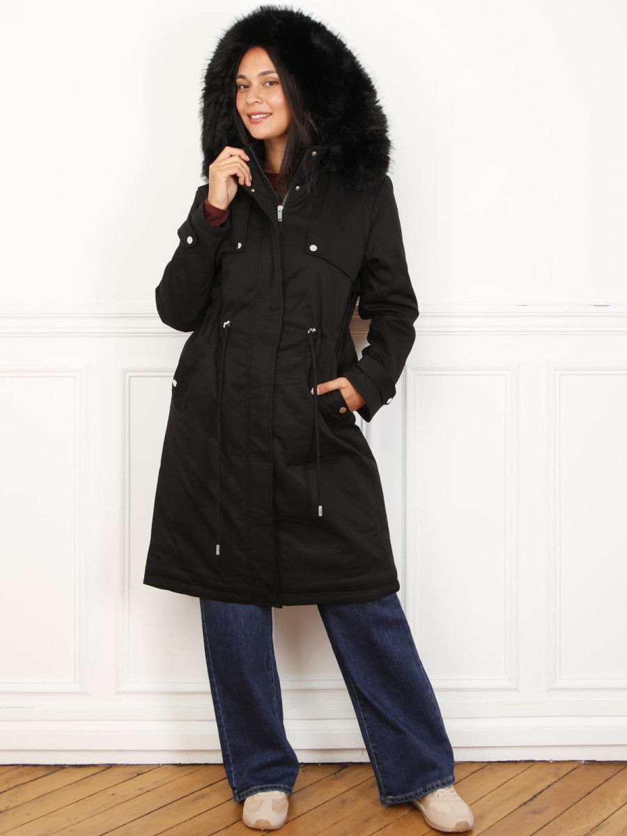 Parka mi-longue à capuche en fausse fourrure noire