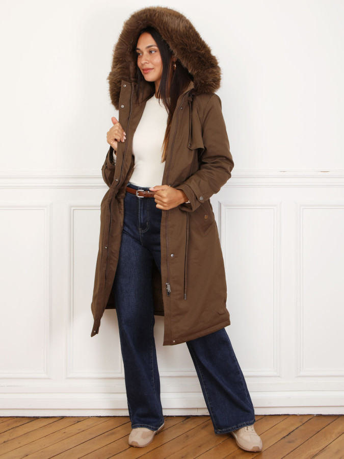 Parka mi-longue à capuche en fausse fourrure marron