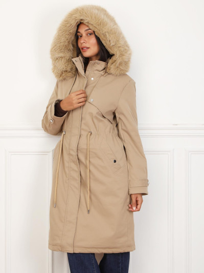 Parka mi-longue à capuche en fausse fourrure taupe