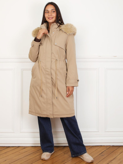 Parka mi-longue à capuche en fausse fourrure taupe