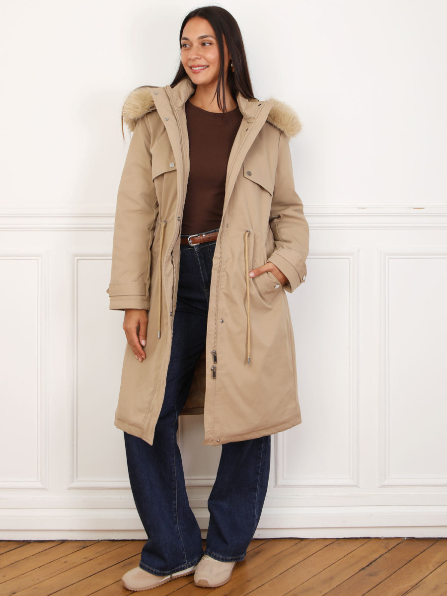 Parka mi-longue à capuche en fausse fourrure taupe