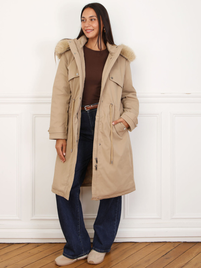 Parka mi-longue à capuche en fausse fourrure taupe