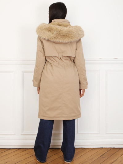 Parka mi-longue à capuche en fausse fourrure taupe