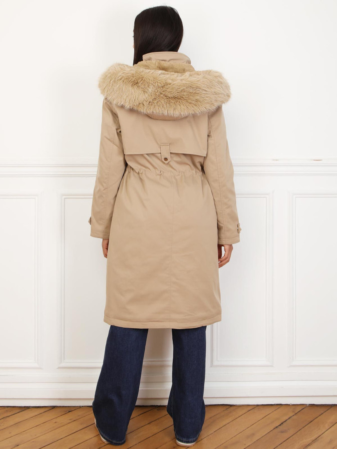 Parka mi-longue à capuche en fausse fourrure taupe