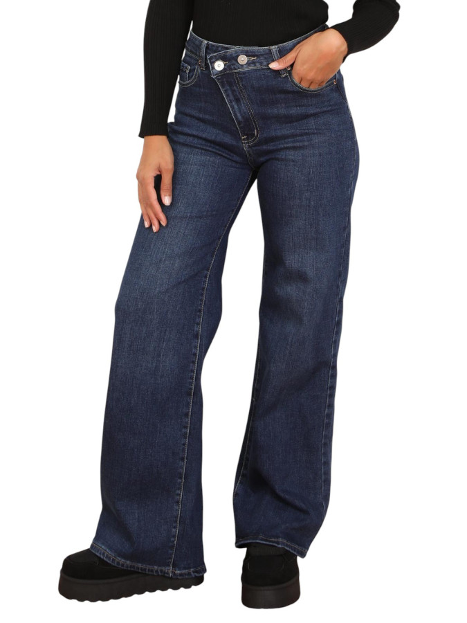 Jeans bleu foncé à taille haute asymétrique