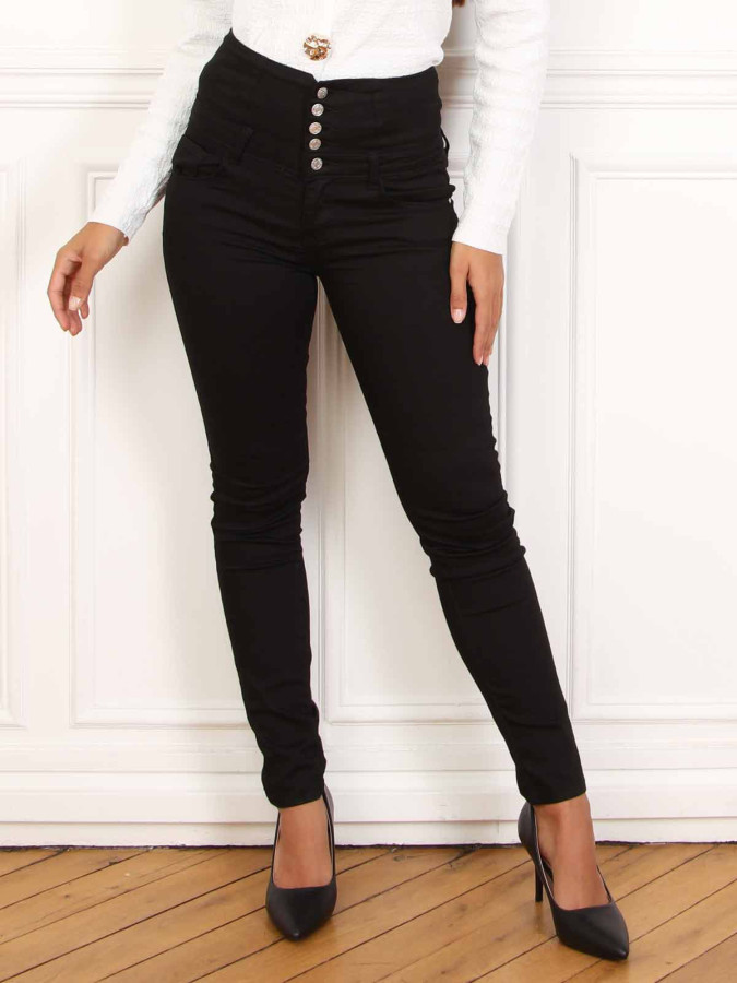 Jeans skinny noir taille haute à 5 boutons