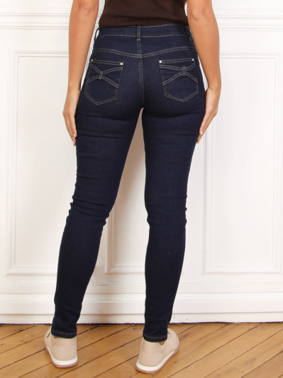 Jeans skinny bleu froncé avec noeuds décoratifs