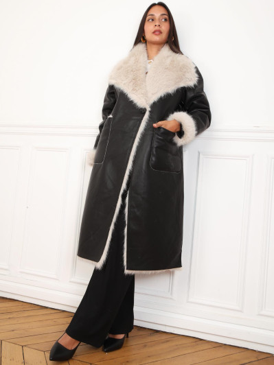 Manteau long avec col en fausse fourrure