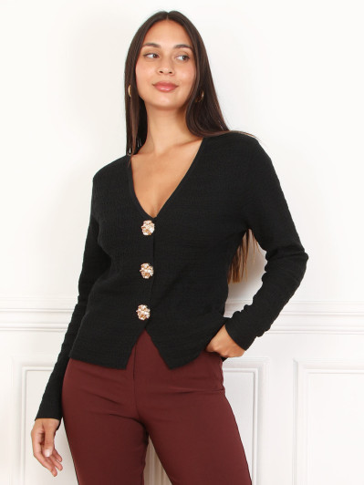 Top noir en maille texturée et à boutons dorés