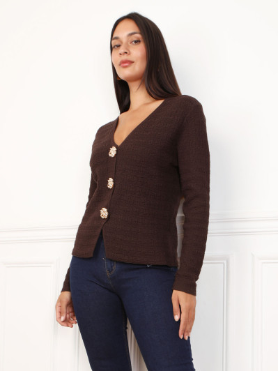 Top marron en maille texturée et à boutons dorés