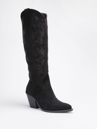 Santiags en suédine noire avec motifs en strass