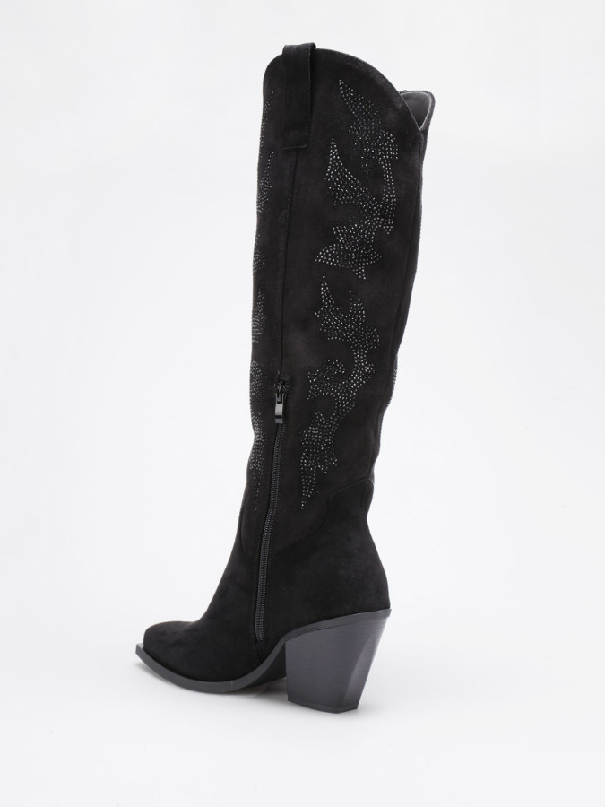 Santiags en suédine noire avec motifs en strass