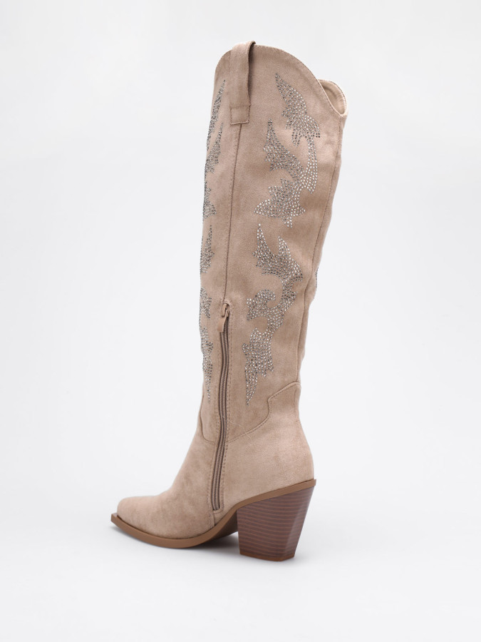 Santiags en suédine taupe avec motifs en strass