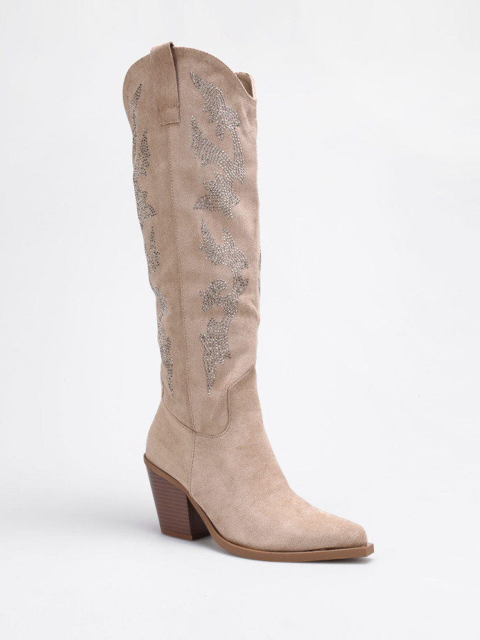 Santiags en suédine taupe avec motifs en strass