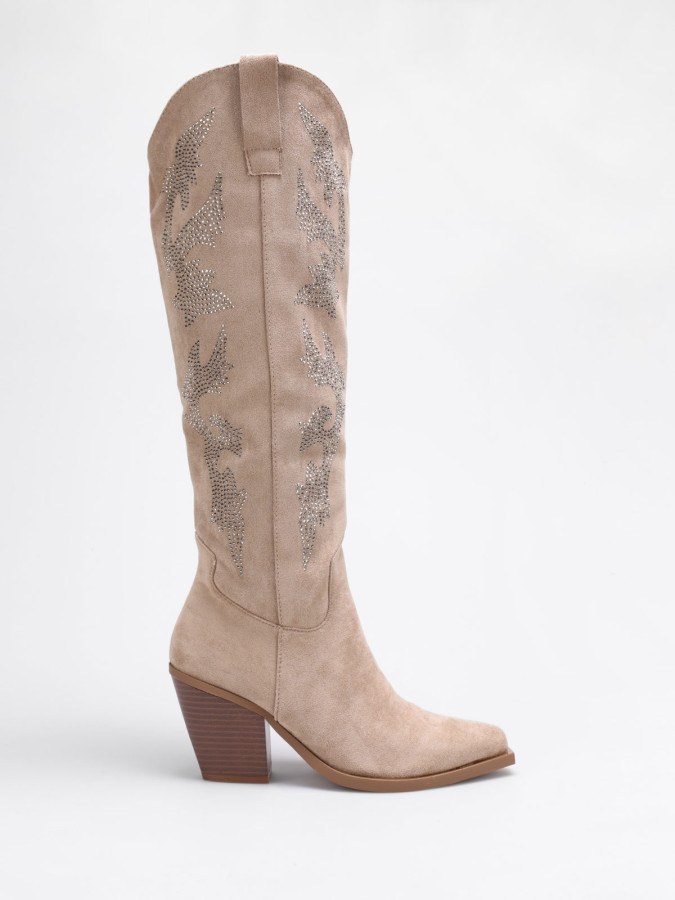 Santiags en suédine taupe avec motifs en strass