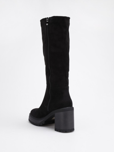 Bottes en suédine noire à talon et plateforme crantés