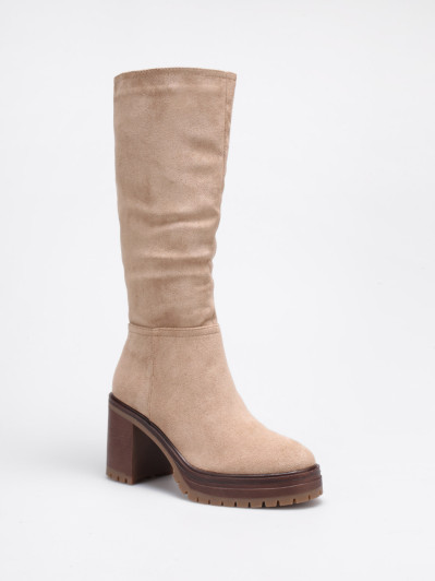 Bottes en suédine taupe à talon et plateforme crantés