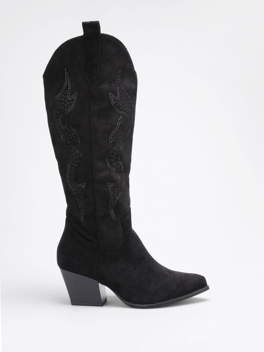 Santiags noires à motifs ajourés et en strass