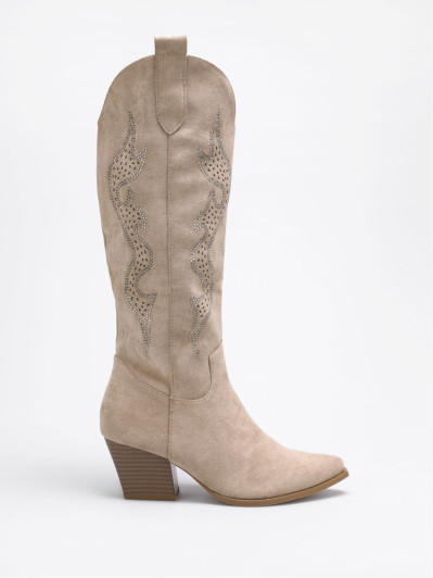 Santiags taupe à motifs ajourés et en strass