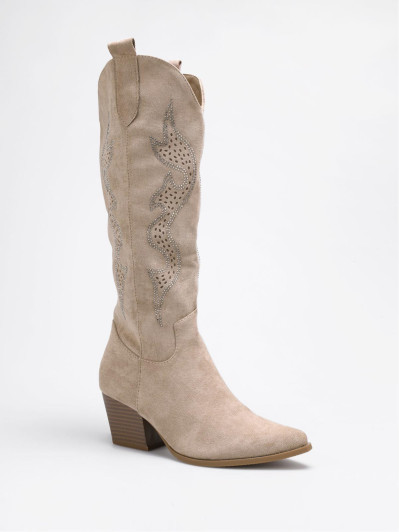 Santiags taupe à motifs ajourés et en strass