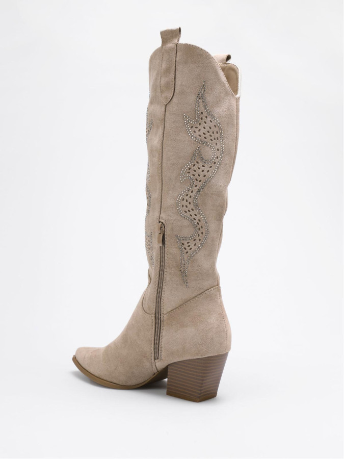 Santiags taupe à motifs ajourés et en strass