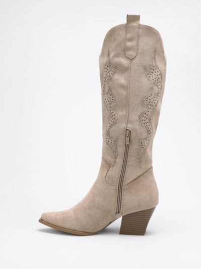 Santiags taupe à motifs ajourés et en strass