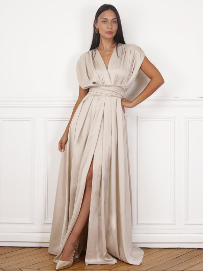 Robe satinée et froncée style portefeuille beige
