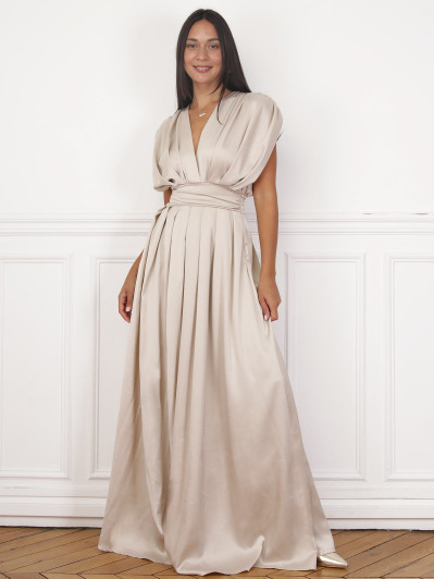 Robe satinée et froncée style portefeuille beige