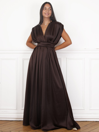 Robe satinée et froncée style portefeuille marron