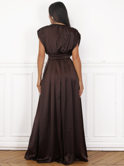 Robe satinée et froncée style portefeuille marron