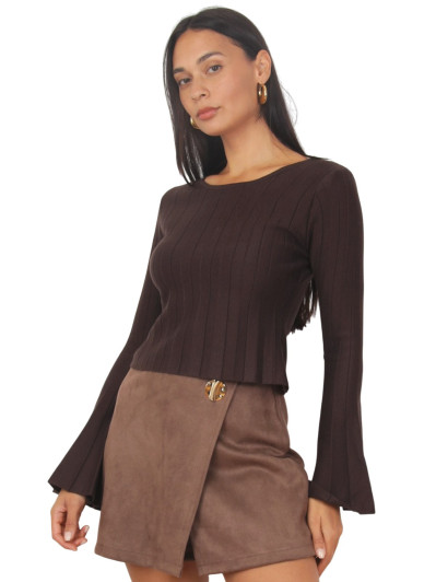 Top plissé à manches évasées marron
