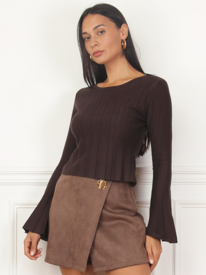 Top plissé à manches évasées marron