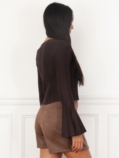 Top plissé à manches évasées marron