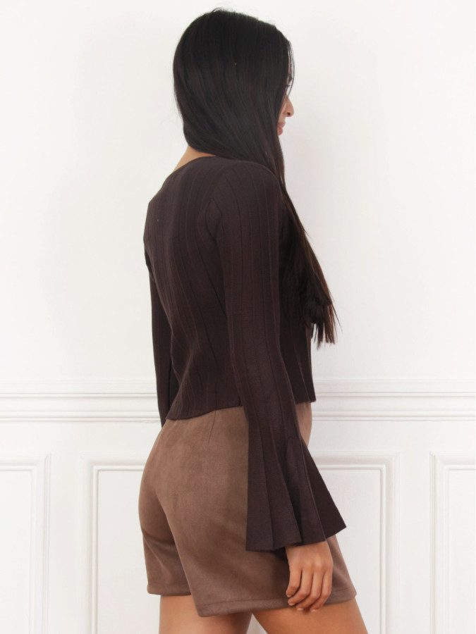 Top plissé à manches évasées marron