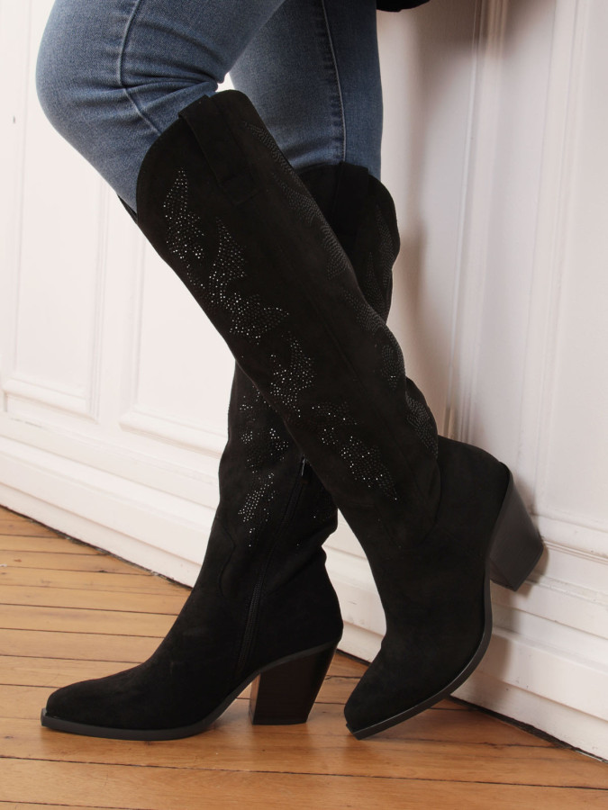 Santiags en suédine noire avec motifs en strass