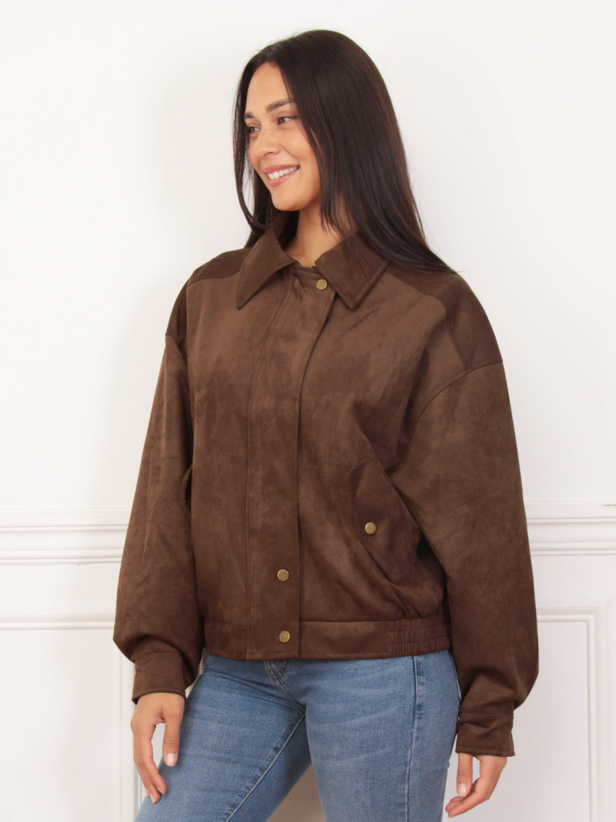 Blouson oversize marron en suédine et à poches