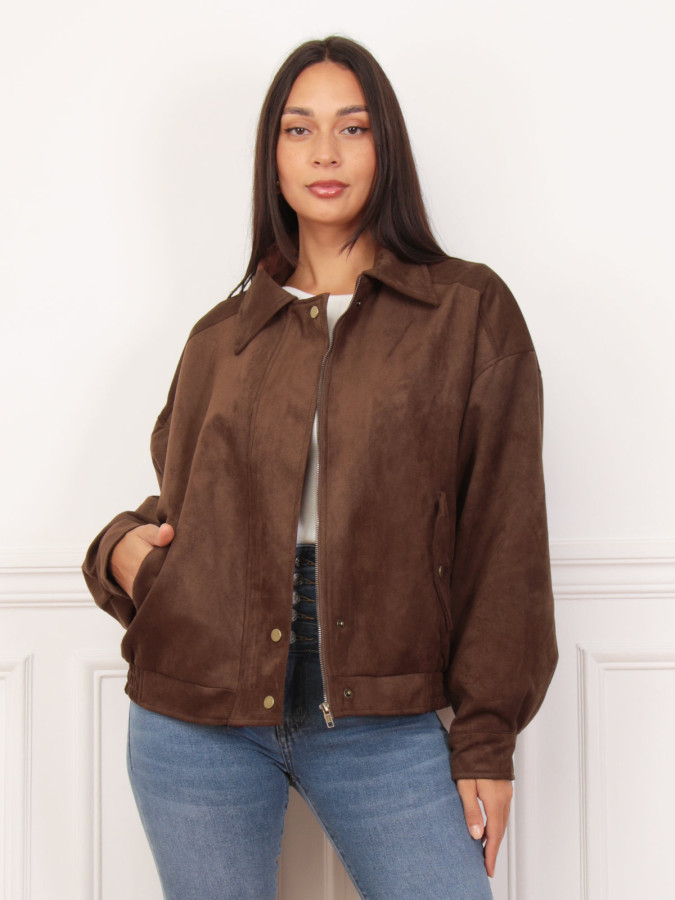 Blouson oversize marron en suédine et à poches