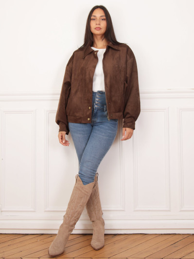 Blouson oversize marron en suédine et à poches