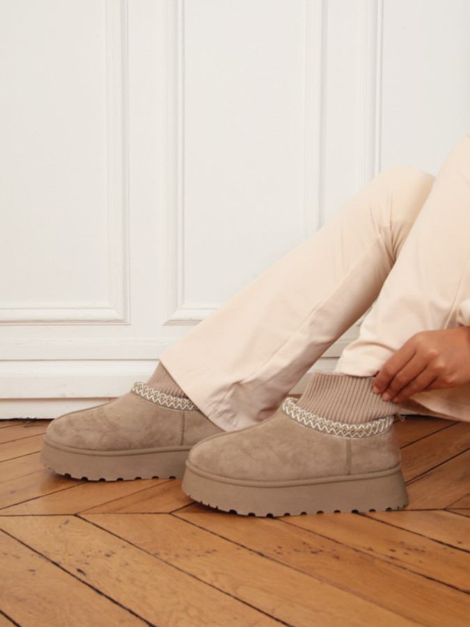 Bottines Femme En Simili Cuir Taupe à Boucle - Taille 10, Talon Bas, Neuves Sans Boîte