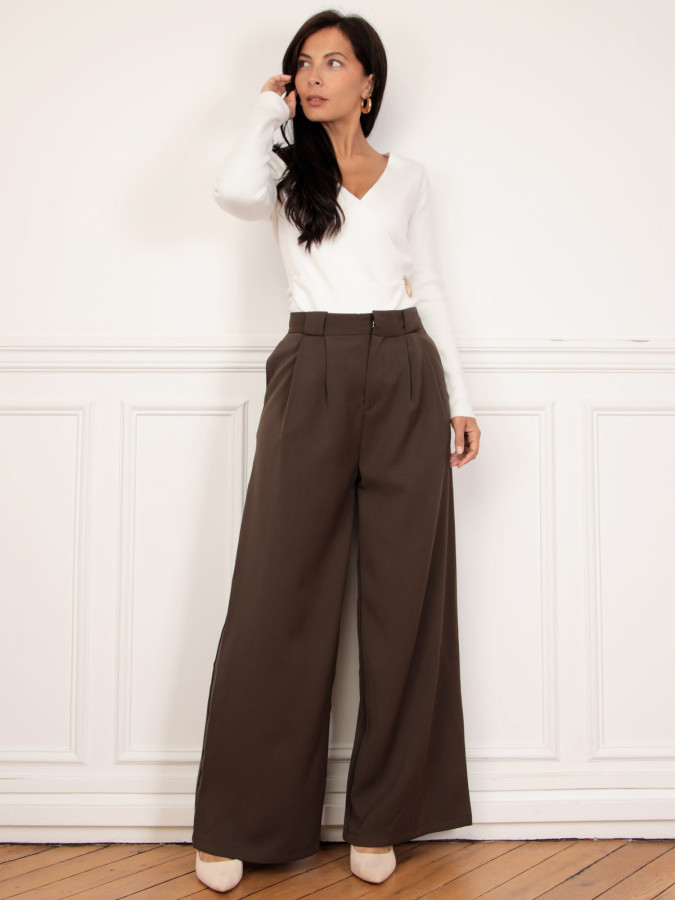 Pantalon de costume large à pinces marron