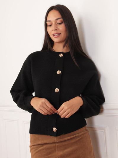 Cardigan noir avec boutons fleurs