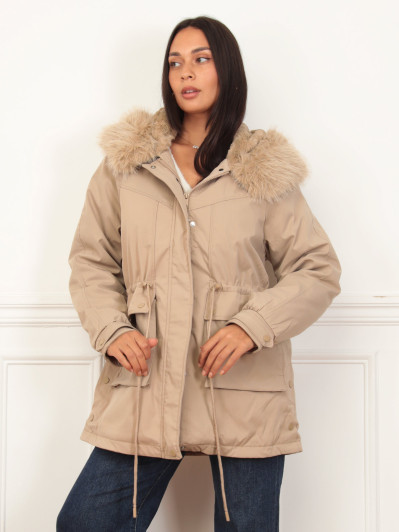 Parka beige avec intérieur en fausse fourrure