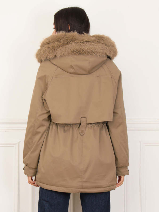 Parka taupe avec intérieur en fausse fourrure