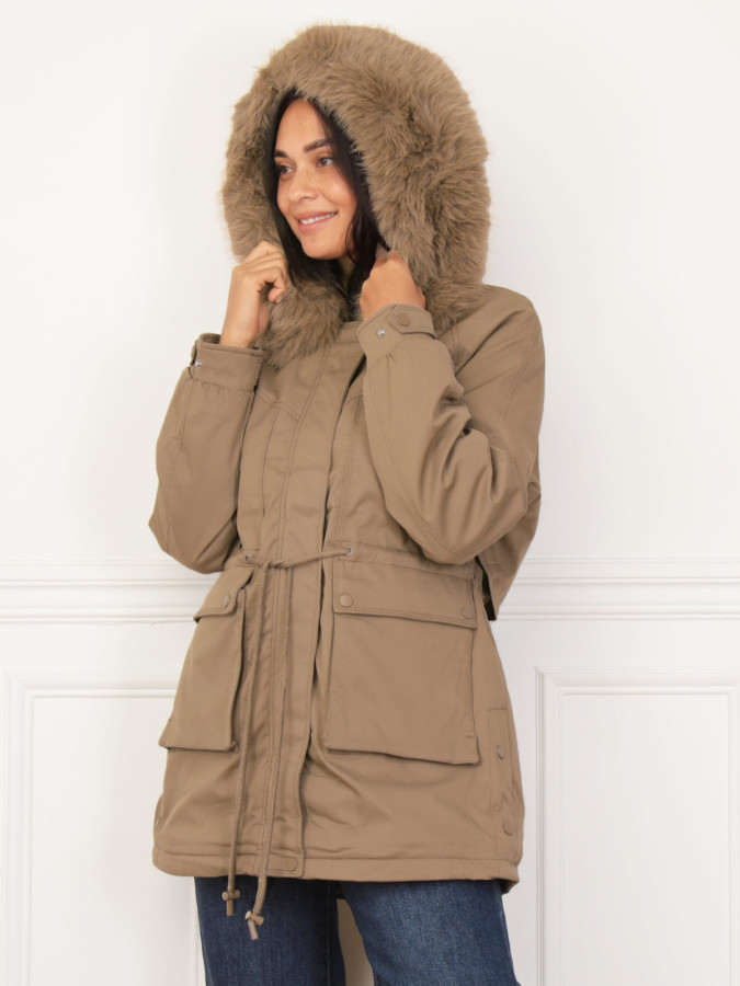Parka taupe avec intérieur en fausse fourrure
