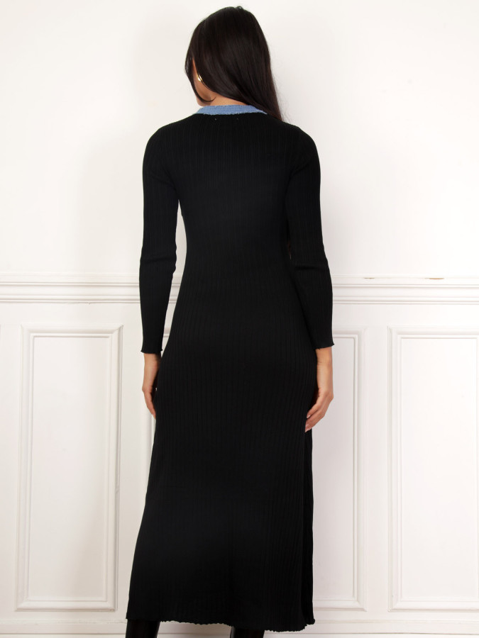 Robe côtelée noire à détails denim et boutons officiers