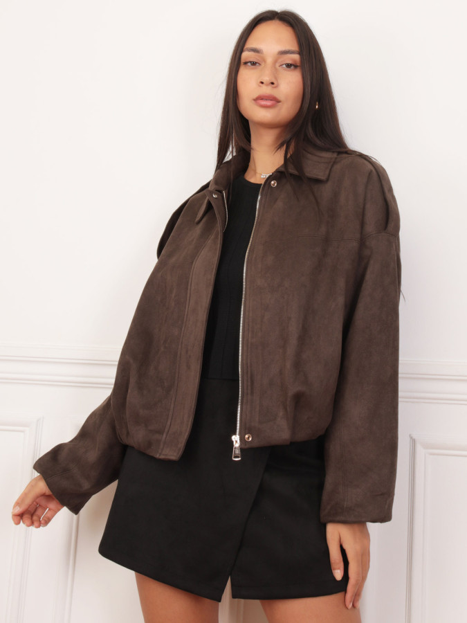 Veste oversize marron en suédine effet bomber