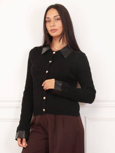 Cardigan en maille torsadée noire et détails en simili
