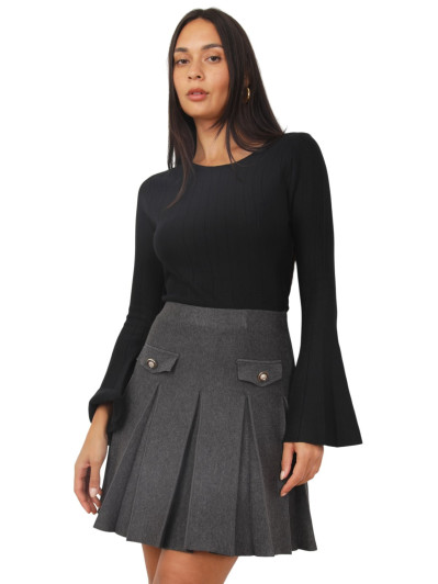 Jupe plissée grise à poches boutonnées