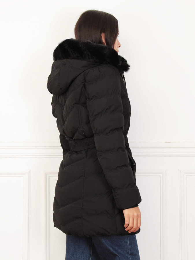 Doudoune à capuche fausse fourrure ceinturée noire