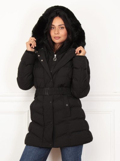 Doudoune à capuche fausse fourrure ceinturée noire